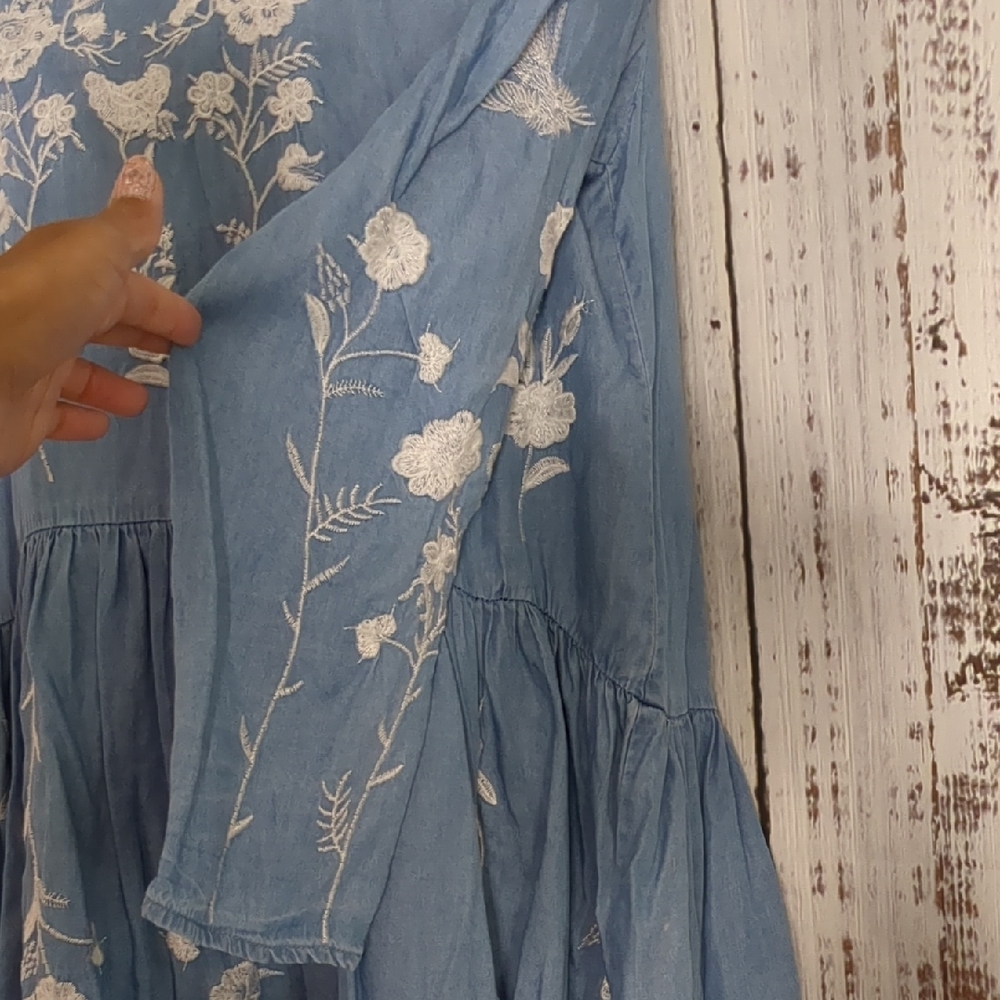 Philosophy Tencel Chambray Drop Waist Dress W/ Long Sleeves, Floral Embroidery - Picture 5 of 13